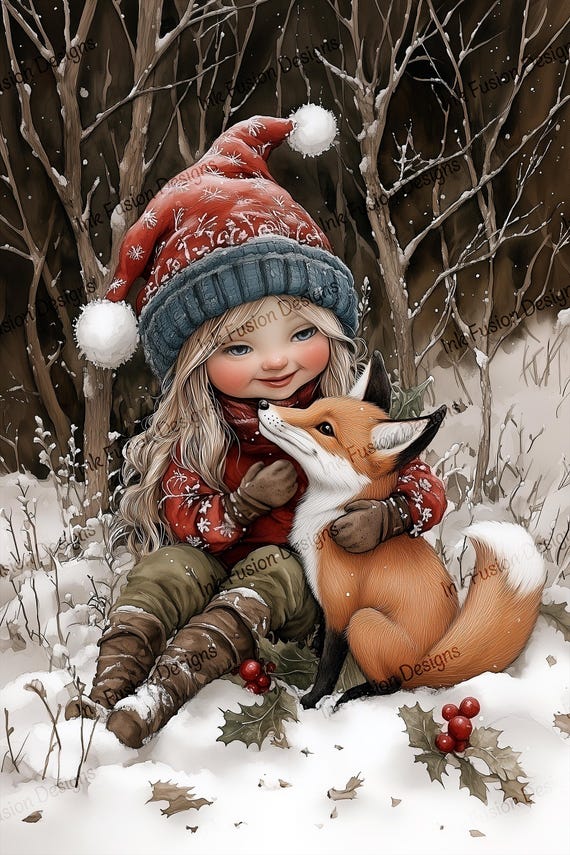 Winter Girl and Fox Art Print | Christmas Nursery Decor