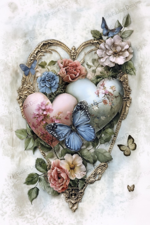 Pastel Hearts Art Paper: Gold Frame, Butterflies, Floral Design
