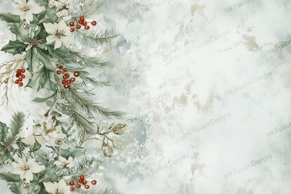 Winterberries Botanical Art Paper: Holly, Ivory Flowers Print
