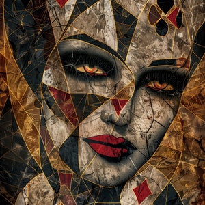May include: A digital artwork depicting a woman's face with a geometric pattern of gold lines and playing card symbols. The woman's eyes are a bright orange, and her lips are red. The background is a dark grey with a textured look.