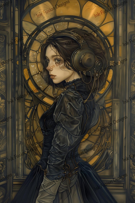 Steampunk Woman Art Print: Symphonic Muse with Headphones