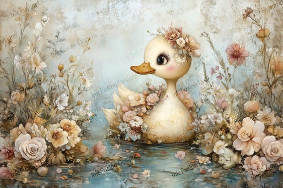 Daisy Duck Art Print: Whimsical Floral Duckling, Vintage Style