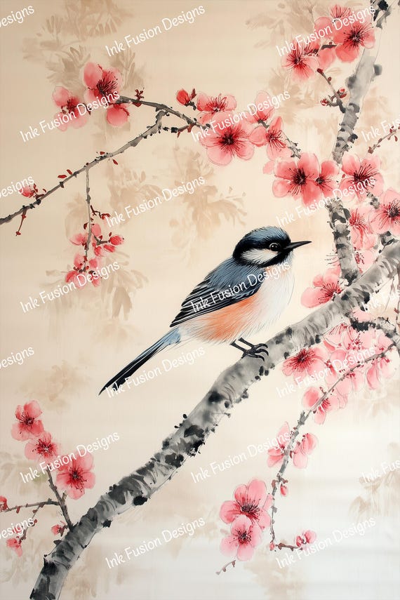 Songbird Cherry Blossom Art Paper: Japanese Style Decoupage Print