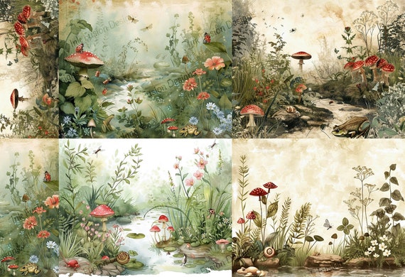 Mushroom Woodland Art Paper: Toadstools by the Brook (6 Images)