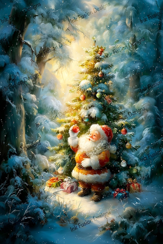 Santa Christmas Tree Art Print, Snowy Forest Holiday Decor