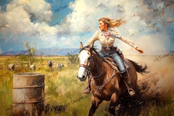 Barrel Racing Art Print: Cowgirl on Horseback, Western Rodeo Decor