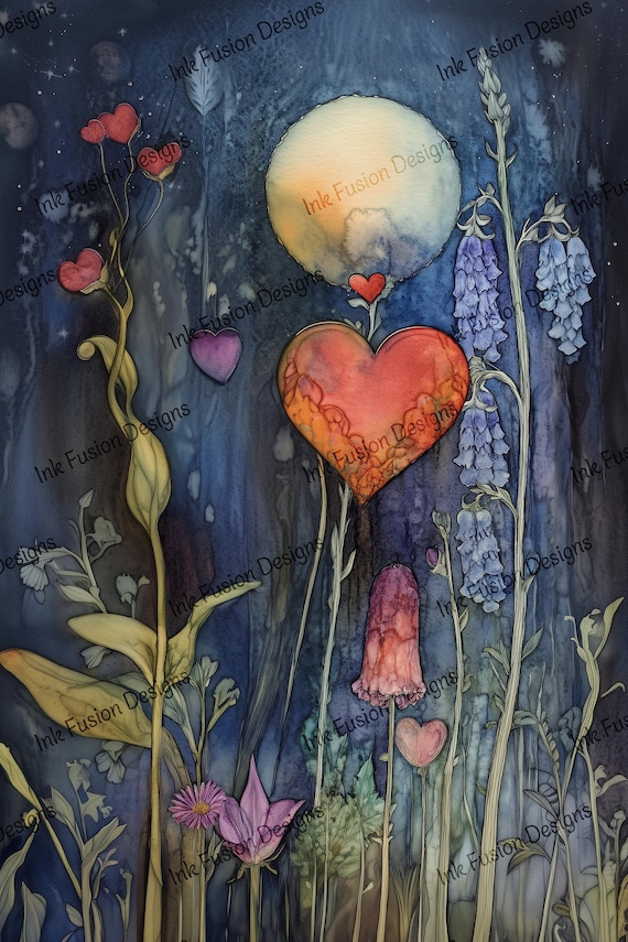 Moonlit Heart Garden Art Paper: Celestial Floral Decoupage