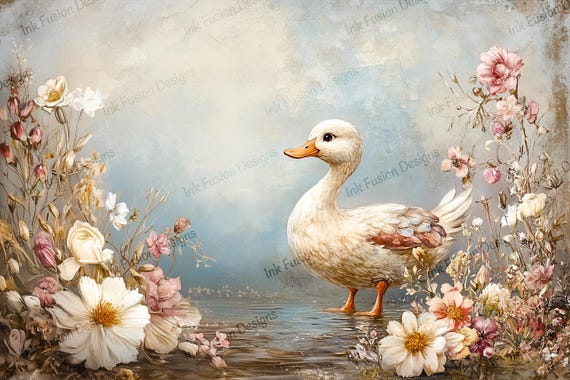 Floral Pond Duck Art Paper: Vintage Decoupage Print