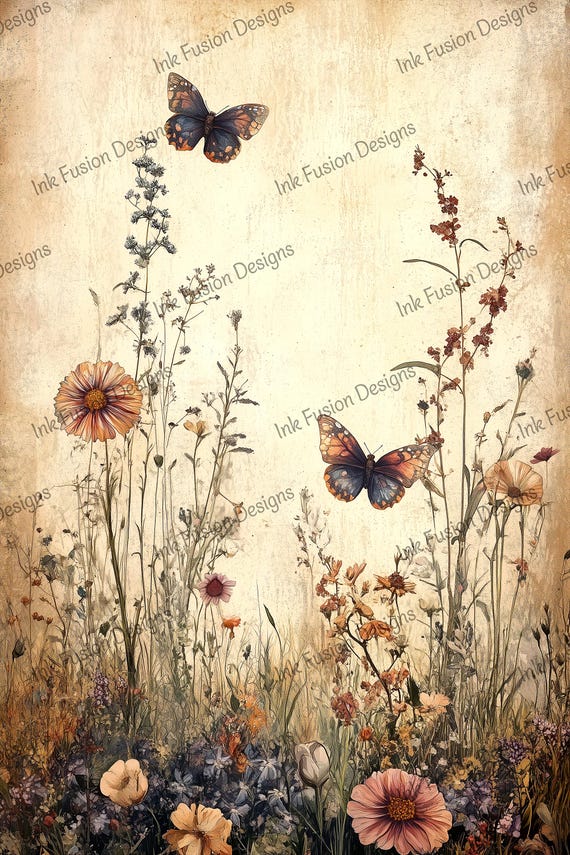 Butterfly Meadow Art Paper: Vintage Floral Decoupage Print