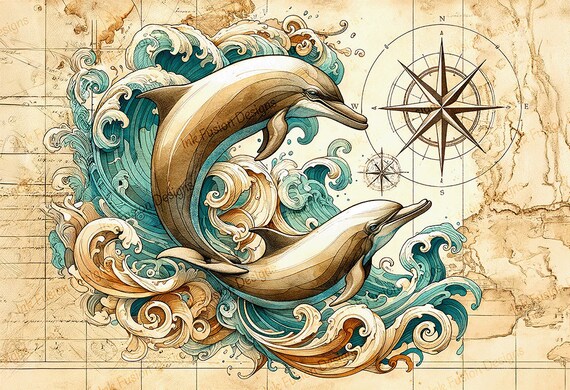 Dolphin Art Print: Nautical Compass, Ocean Waves, Marine Decor