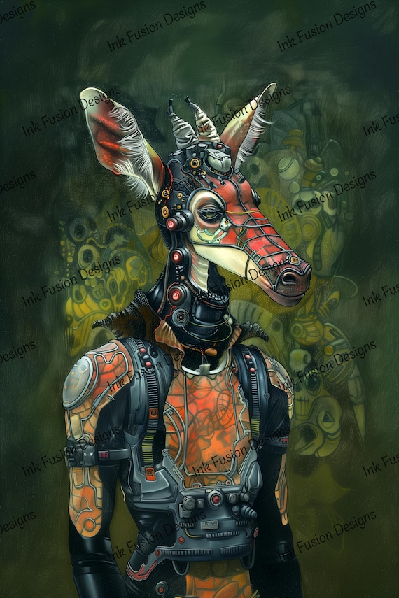 Steampunk Antelope Art Print: Cyberpunk Biomechanical Protector