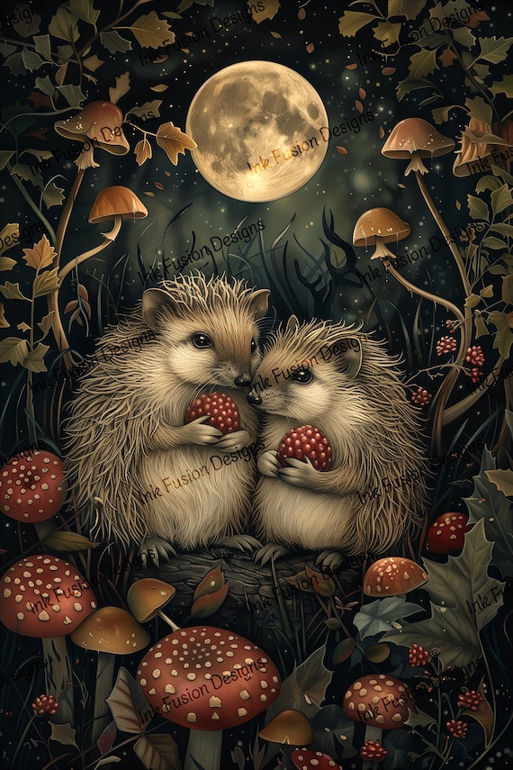 Hedgehog Couple Art Print: Enchanted Forest, Woodland Charm