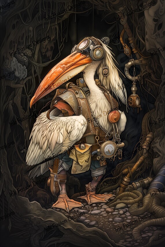 Steampunk Pelican Art Paper: Deep-Cave Explorer, Decoupage Supply