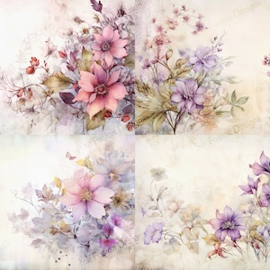Elegancia floral vintage - 4 imágenes en 1 hoja / Papel decorativo / Acuarela serena / Alta calidad / Opciones de papel y tamaño
