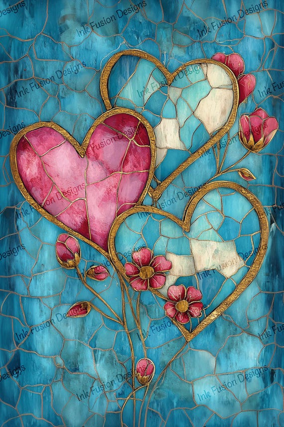 Stained Glass Hearts Print: Romantic Floral Art Paper