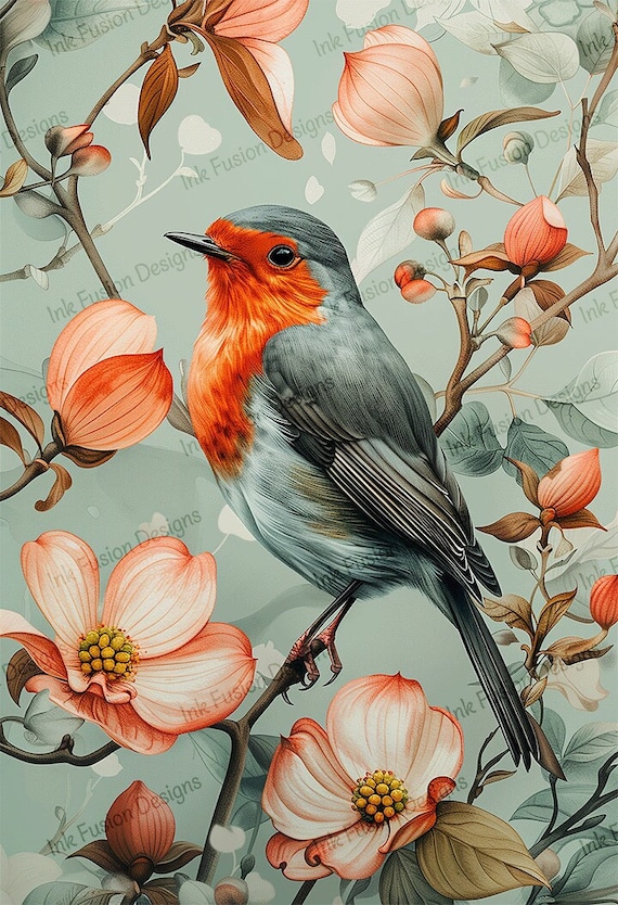 Robin and Dogwood Flowers Art Print: Detailed Bird Portrait