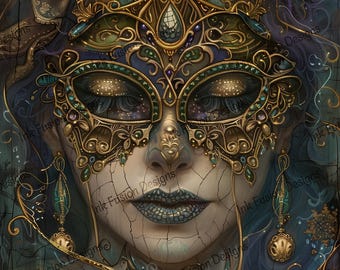 May include: A digital painting of a woman's face with a gold and green masquerade mask. The woman's face is cracked and weathered, and her lips are painted a dark blue. The background is a dark blue and purple with gold accents.