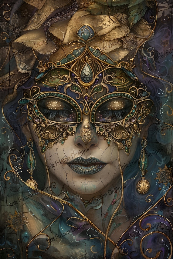 Gilded Mask Art Paper: Venetian Masquerade Print