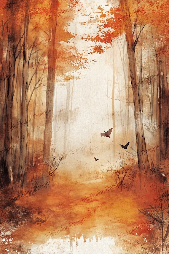 Autumn Bats Art Print: Twilight Forest, Watercolor Style