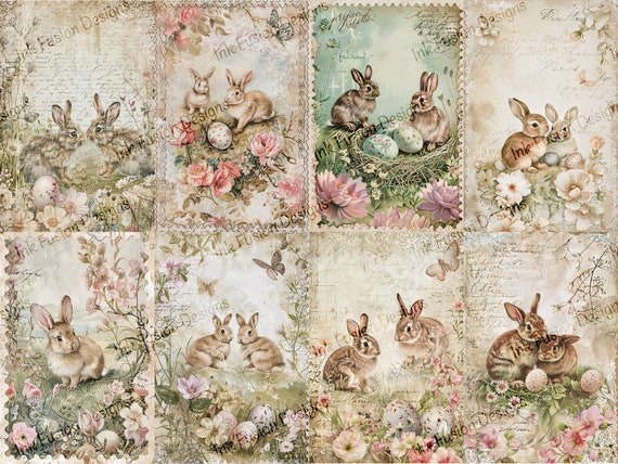 Bunny Ephemera: Victorian Springtime Art Paper, Floral Collage