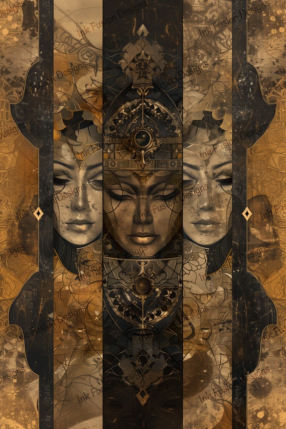 Bronze Guardians Art Paper: Ancient Faces of Wisdom, Decoupage Print