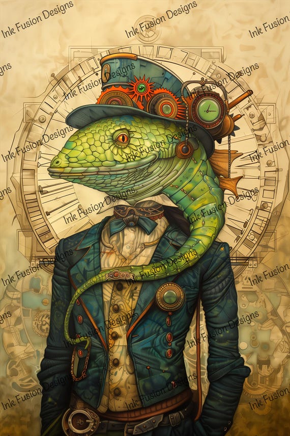 Steampunk Lizard Gentleman Art Print: Victorian Water Explorer
