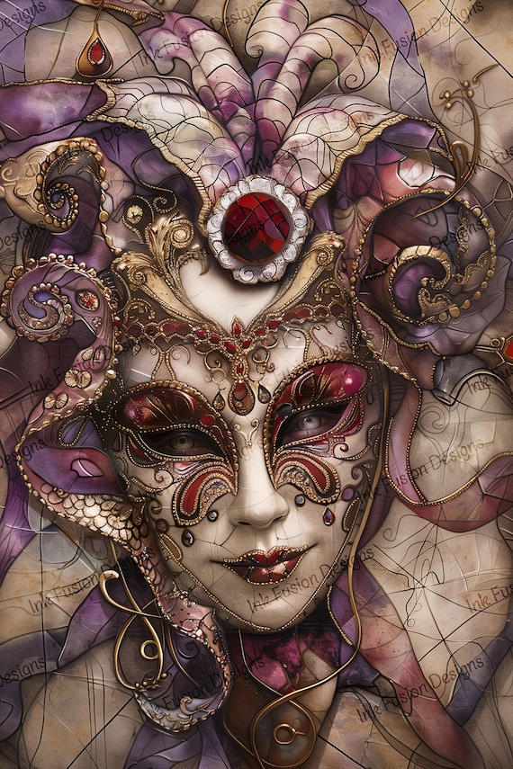 Ruby Phantom Masquerade Mask Art Print: Venetian Harlequin Decor