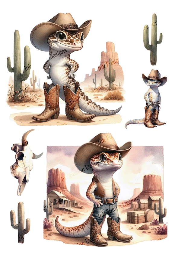 Cowboy Gecko Art Print: Western Reptile Ranch Decor