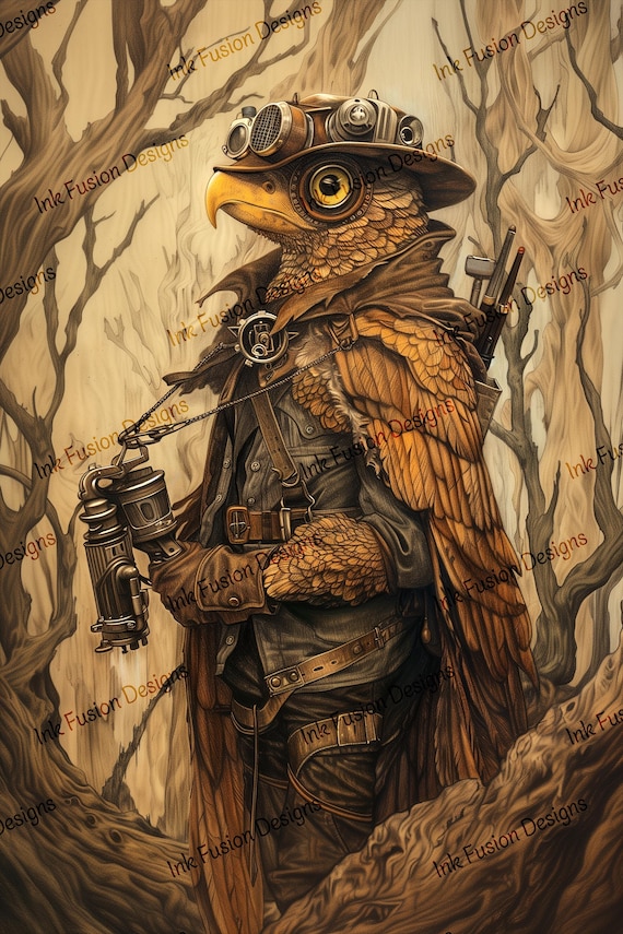 Steampunk Eagle Art Print: Fantasy Bird of Prey, Woodland Ranger