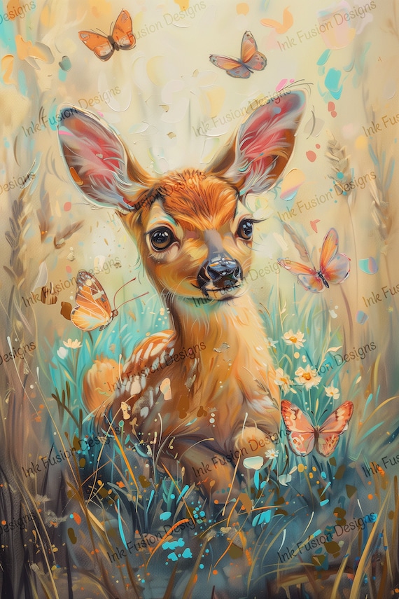 Fawn Art Print: Whimsical Woodland Animal, Butterflies & Wildflowers