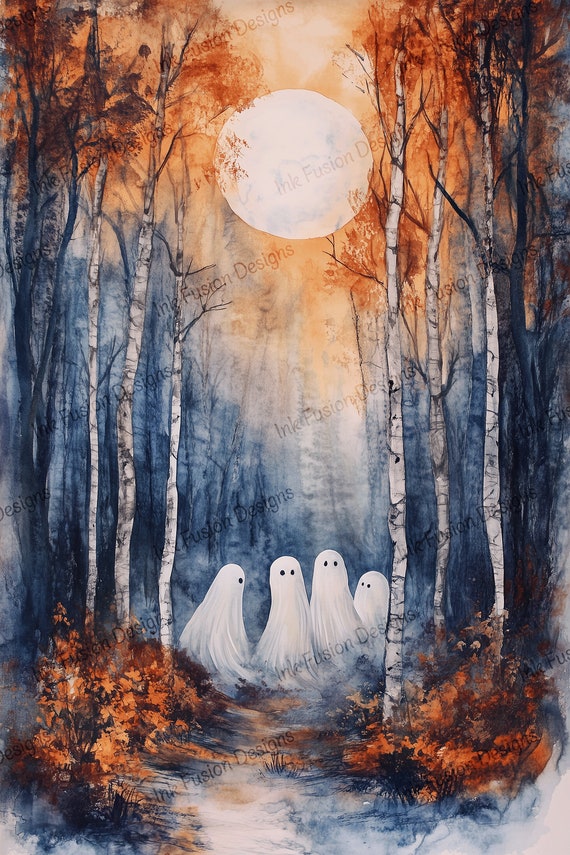 Spooky Friends Art Print: Ghostly Moonlit Birch Forest