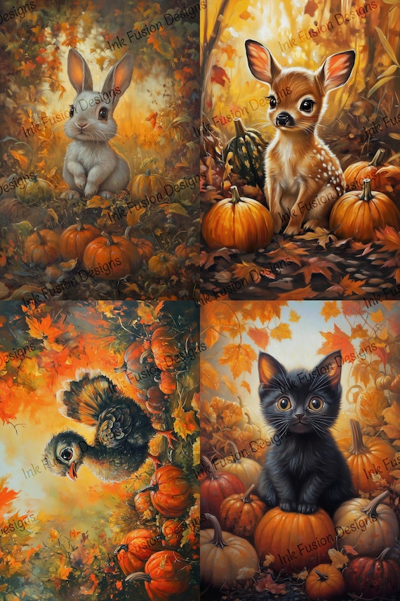 Fall Baby Animals: Rustic Pumpkin Patch Art Paper for Decoupage