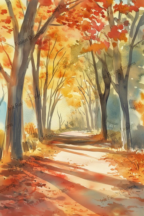 Autumn Forest Path Art Print: Watercolor Fall Foliage