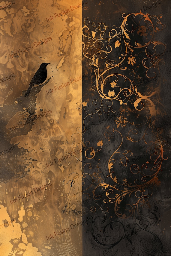 Gothic Crow Art Print: Golden Bronze Vines, Moody Decoupage Paper