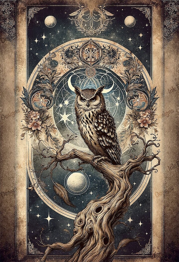 Celestial Owl Art Print: Vintage Astrology Decor