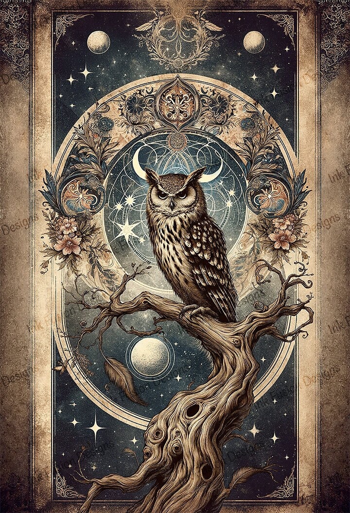 Celestial Owl Art Print: Vintage Astrology Decor