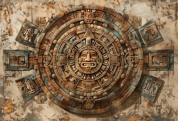 Aztec Sun Stone Art Print: Mesoamerican Calendar Decor