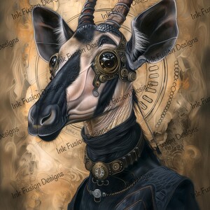 May include: A steampunk-style illustration of a zebra-like creature with goggles and a clockwork collar. The artwork features a detailed design with a black and white striped face, brown horns, and a dark jacket. The background has a sepia tone with gears and clock elements.