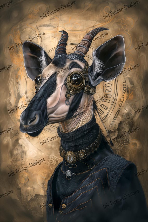Steampunk Okapi Art Print: Elegant Fantasy Animal Portrait