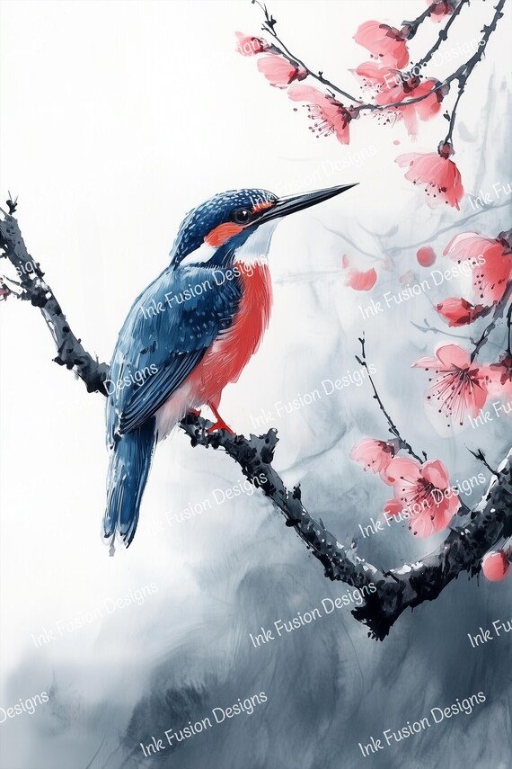 Kingfisher Bird Art Paper: Japanese Floral Ink Wash Print