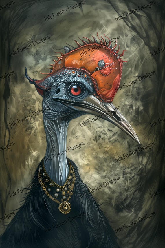 Steampunk Cassowary Art Print: Regal Bird with Jewelry