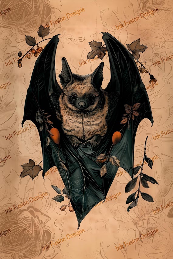 Bat Art Print | Gothic Floral Wall Decor, Vintage Decoupage Paper