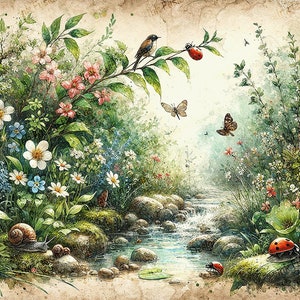 Arroyo del Bosque / Papel Decorativo / Paisaje Acuático con Bosque Sereno / Alta Calidad / Opciones de Papel y Tamaño