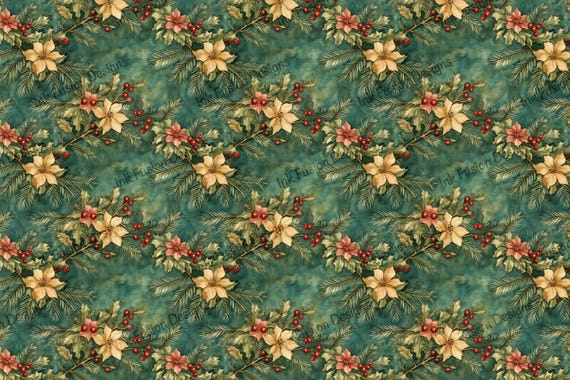 Yuletide Greenery Art Paper: Poinsettia & Pine - Decoupage Print