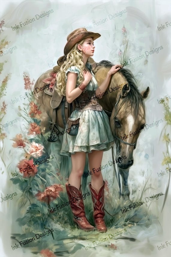 Cowgirl and Horse Art Paper: Western Americana Decoupage Print
