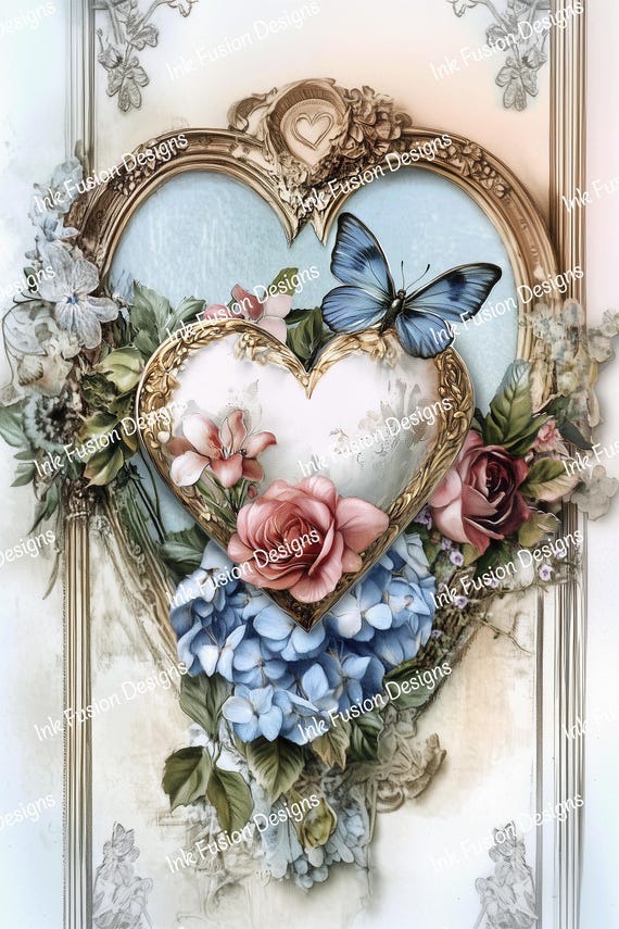 Victorian Heart Art Paper: Floral Butterfly Print for Decoupage