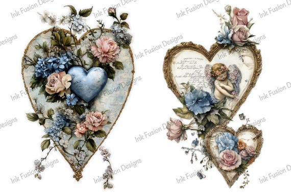 Floral Heart Art Paper: Vintage Cherub Roses Decoupage Sheet