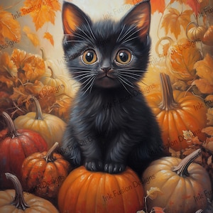 May include: A black kitten with large yellow eyes sits on an orange pumpkin, surrounded by other pumpkins and autumn leaves. The artwork has a warm colour palette of orange, red, and yellow, evoking a fall harvest theme.