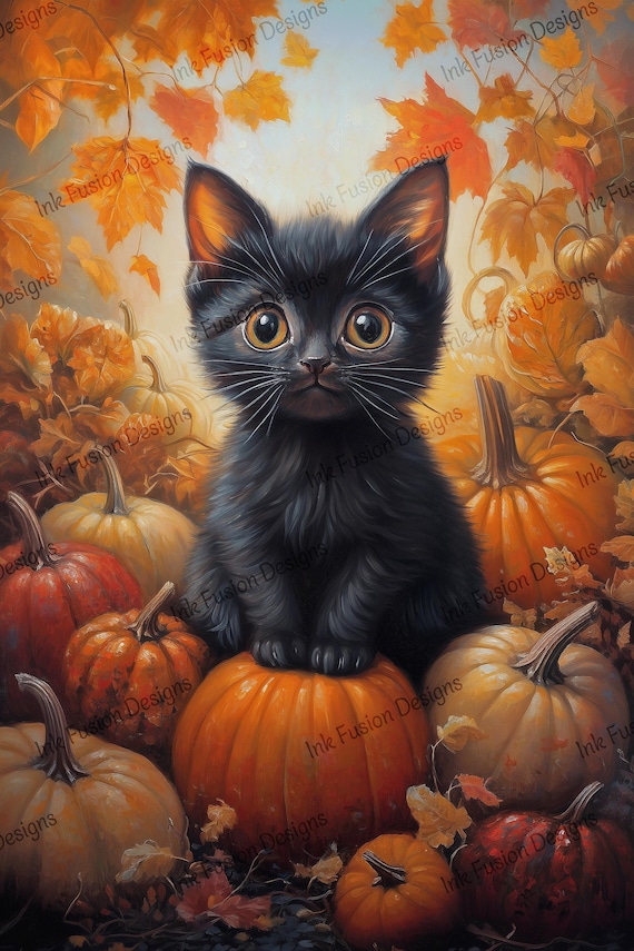 Pumpkin Patch Kitten Art Paper: Whimsical Black Cat Print for Decoupage