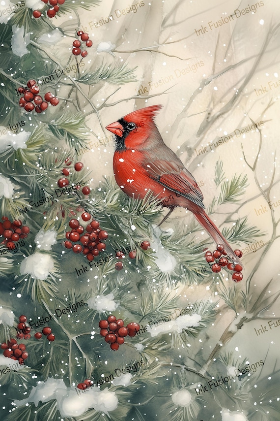 Winter Cardinal Art Print: Snowy Tree Branch, Red Berries